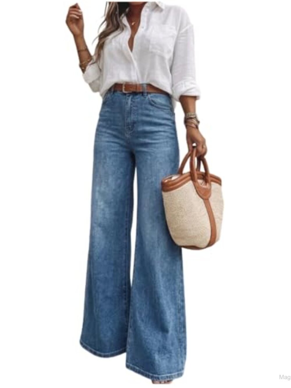 High Waisted Wide Leg Jeans 5-Pocket Dark Wash Stretch Denim Pants